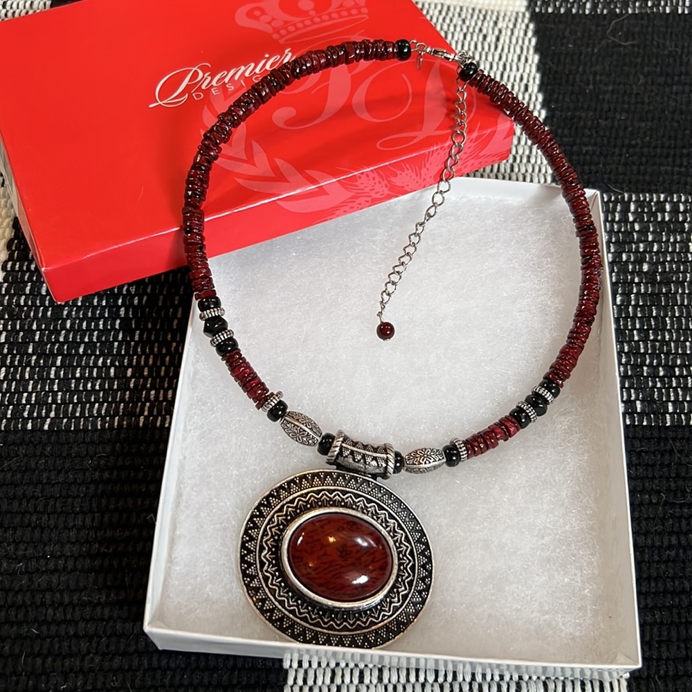 Premier Designs Red Spice Southwest Necklace, Beads + Silver Color